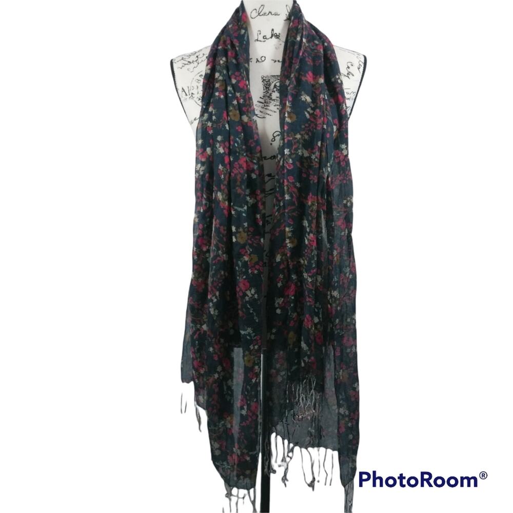 Blue Red Floral Scarf Wrap With Fringe